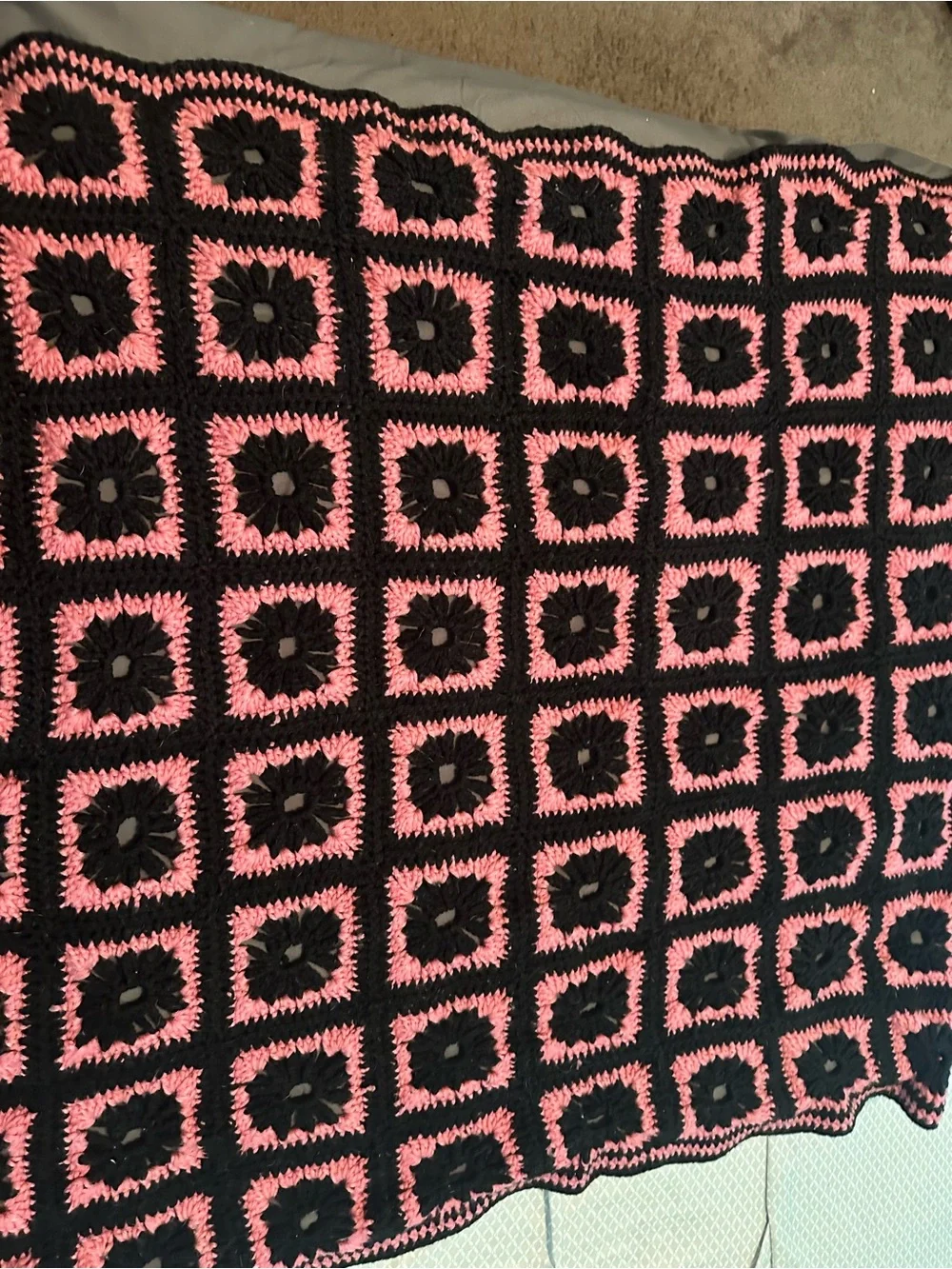 Handmade Crochet Granny Square Blanket - Black & Pink